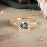 Princess Cut Black Rutilated Quartz Engagement Ring Half Eternity Halo Promise Ring